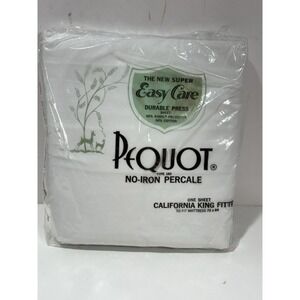 Pequot No-iron Percale California KING Fitted Solid White Sheet USA Vintage NEW